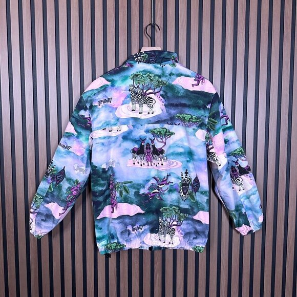 GRMY Bomber Jacket XS Green Multicolor Aztec Maya Art Tie Dye Full Zip Mesh Line - Picture 2 of 8